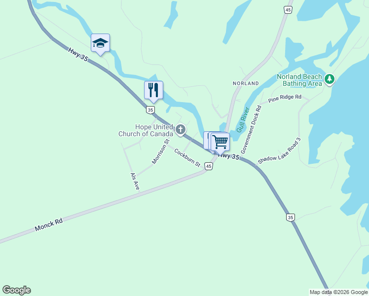map of restaurants, bars, coffee shops, grocery stores, and more near 7515 Ontario 35 in Kawartha Lakes