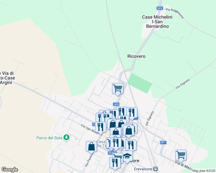 map of restaurants, bars, coffee shops, grocery stores, and more near 41 Via Aldo Capitini in Crevalcore