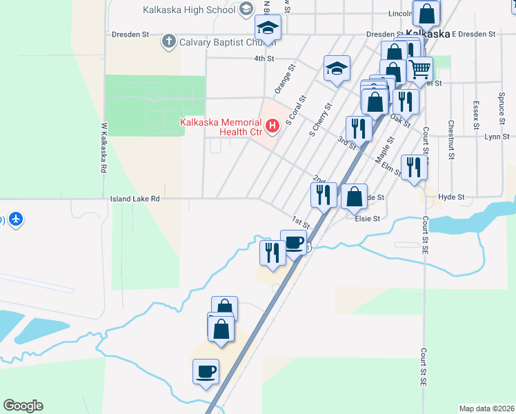 map of restaurants, bars, coffee shops, grocery stores, and more near 365 1st Street in Kalkaska
