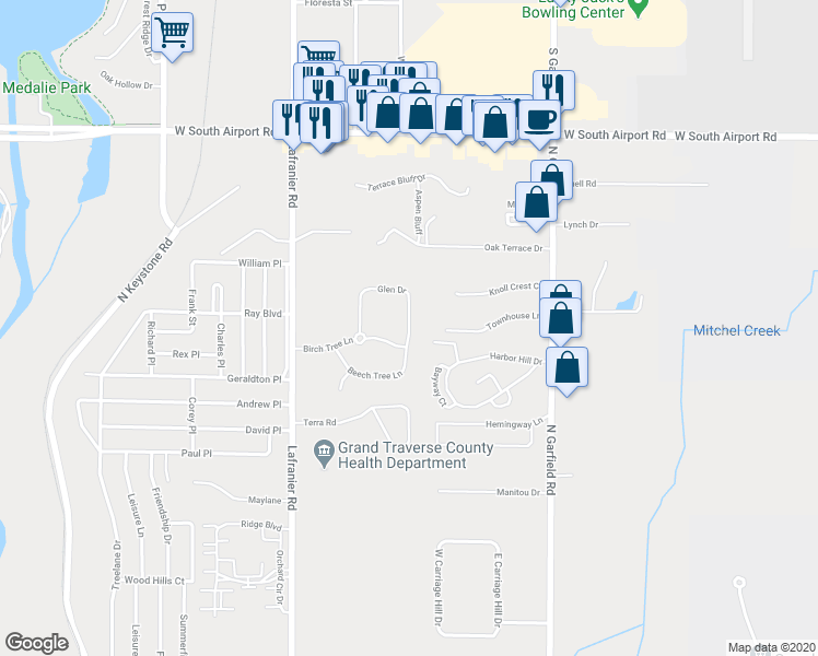 map of restaurants, bars, coffee shops, grocery stores, and more near 2801 Glen Drive in Traverse City