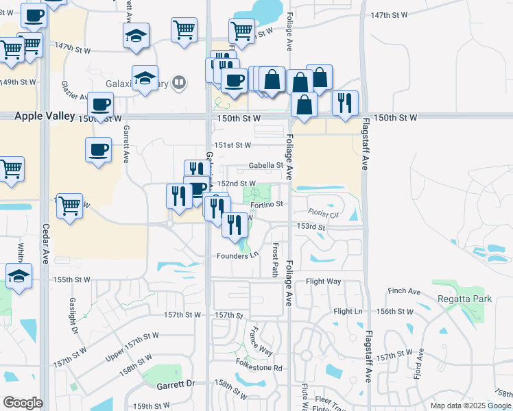 map of restaurants, bars, coffee shops, grocery stores, and more near Fortino Street in Apple Valley