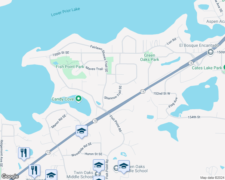 map of restaurants, bars, coffee shops, grocery stores, and more near 5800 Prior Circle Southeast in Prior Lake