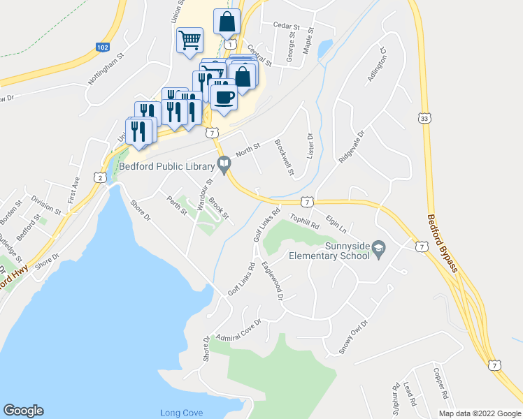 map of restaurants, bars, coffee shops, grocery stores, and more near 90 Golf Links Road in Bedford