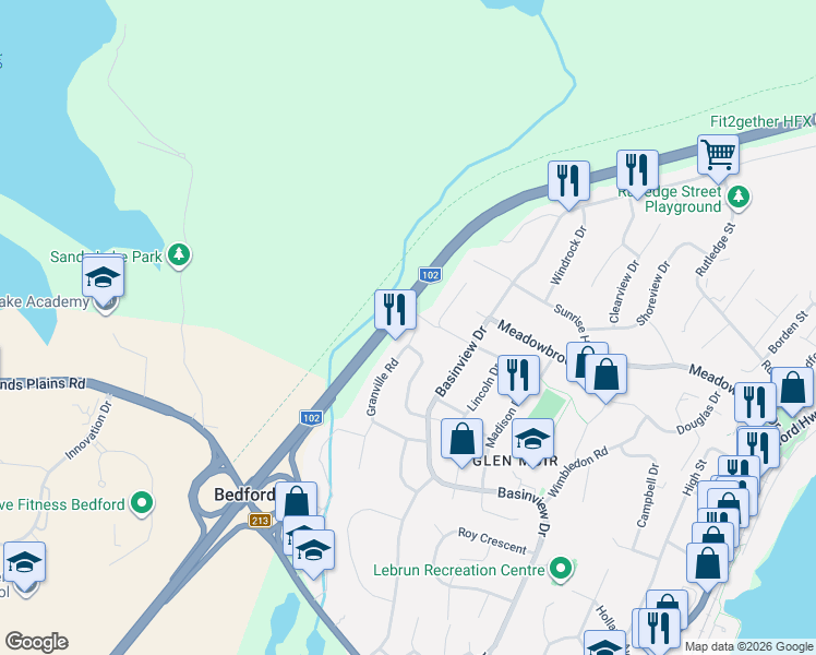 map of restaurants, bars, coffee shops, grocery stores, and more near 162 Granville Road in Bedford
