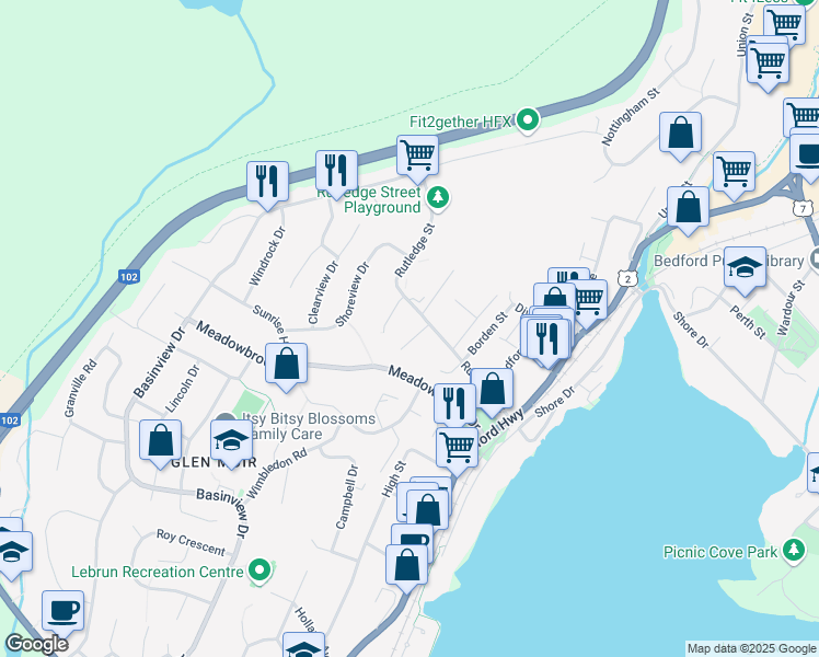 map of restaurants, bars, coffee shops, grocery stores, and more near 148 Rutledge Street in Bedford