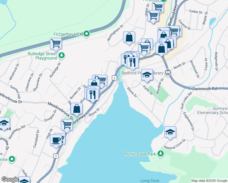 map of restaurants, bars, coffee shops, grocery stores, and more near 473 Shore Drive in Bedford