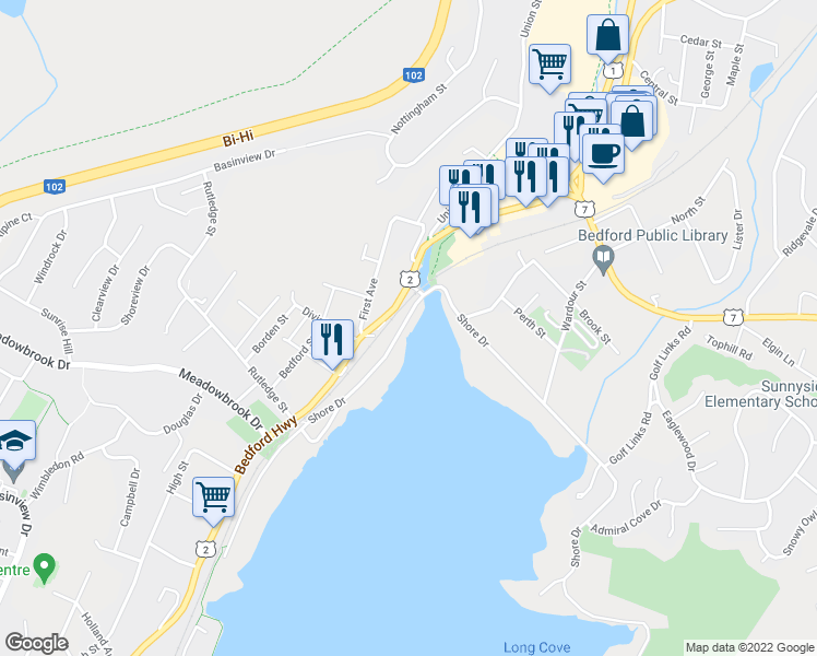 map of restaurants, bars, coffee shops, grocery stores, and more near 473 Shore Drive in Bedford