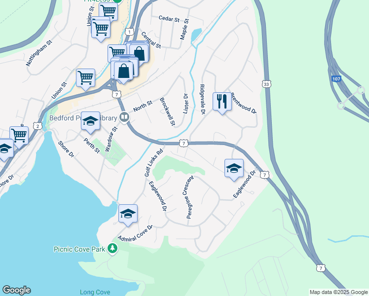 map of restaurants, bars, coffee shops, grocery stores, and more near 63 Dartmouth Road in Bedford