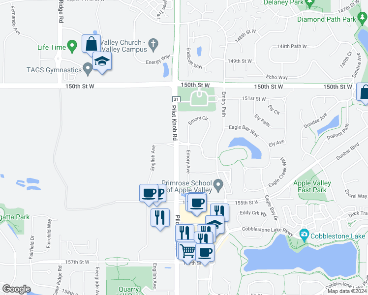 map of restaurants, bars, coffee shops, grocery stores, and more near 15213 Emory Avenue in Apple Valley