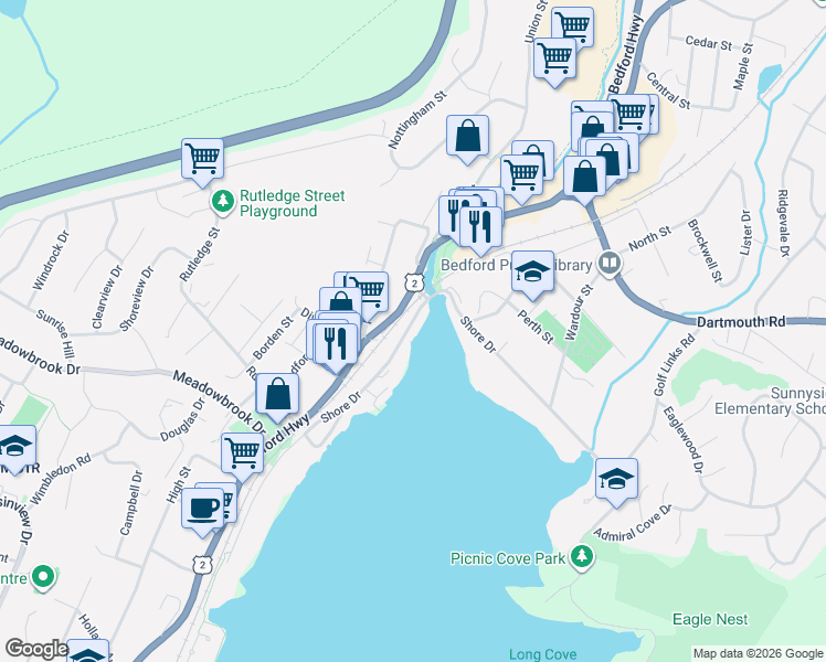 map of restaurants, bars, coffee shops, grocery stores, and more near 475 Shore Drive in Bedford