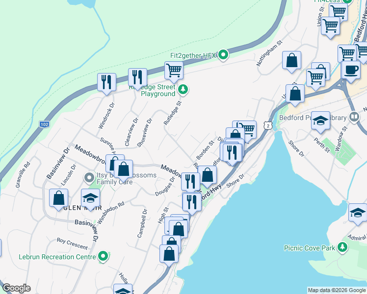 map of restaurants, bars, coffee shops, grocery stores, and more near 113 Rutledge Street in Bedford