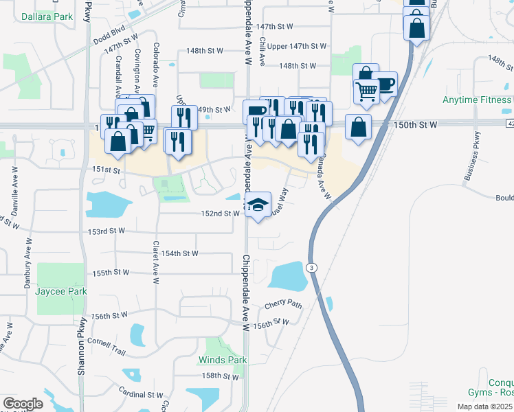 map of restaurants, bars, coffee shops, grocery stores, and more near 15265 Carrousel Way in Rosemount