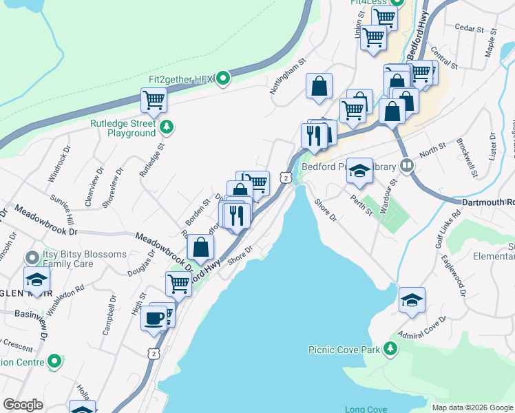map of restaurants, bars, coffee shops, grocery stores, and more near 1356 Bedford Highway in Bedford