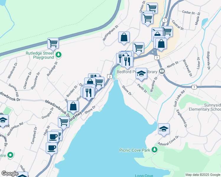 map of restaurants, bars, coffee shops, grocery stores, and more near 481 Shore Drive in Bedford