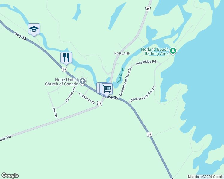 map of restaurants, bars, coffee shops, grocery stores, and more near 3474 Monck Road in Kawartha Lakes