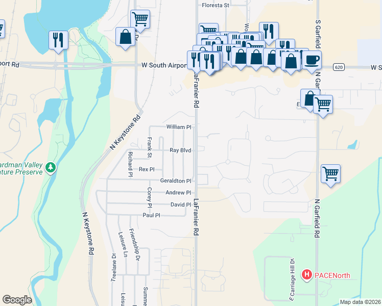 map of restaurants, bars, coffee shops, grocery stores, and more near 2802 North Thomas Place in Traverse City