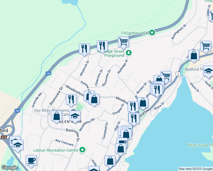 map of restaurants, bars, coffee shops, grocery stores, and more near 74 Shoreview Drive in Bedford