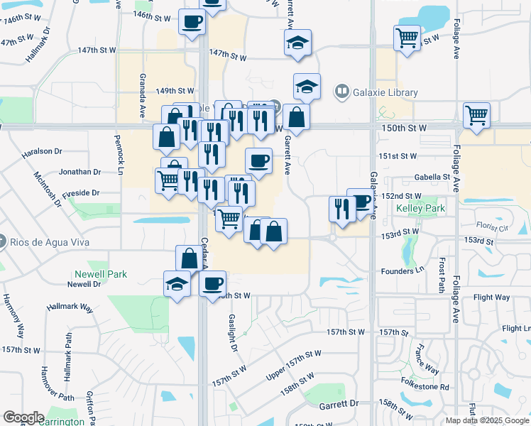 map of restaurants, bars, coffee shops, grocery stores, and more near 15150 Cedar Avenue in Apple Valley