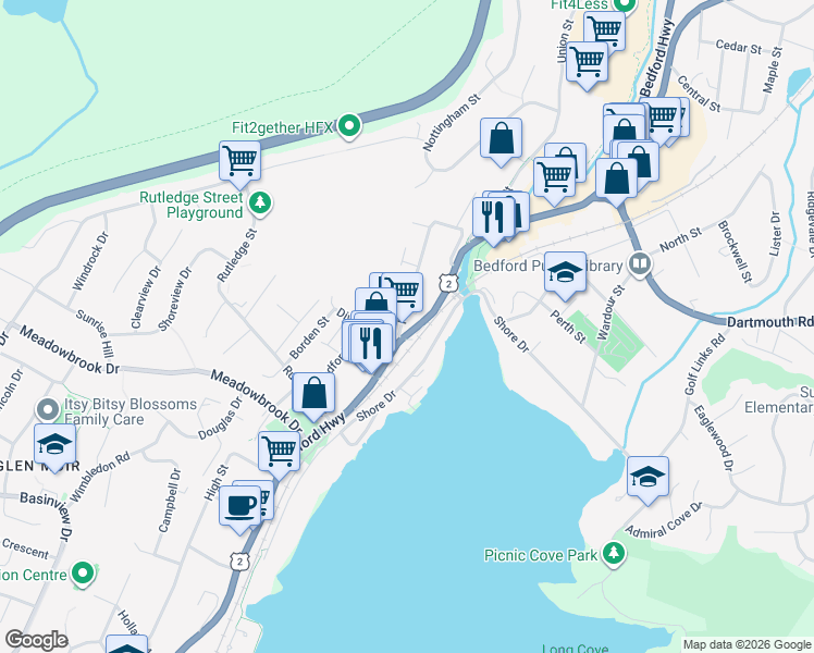 map of restaurants, bars, coffee shops, grocery stores, and more near 1356 Bedford Highway in Bedford