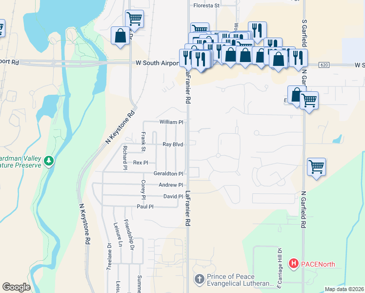 map of restaurants, bars, coffee shops, grocery stores, and more near 2802 North Thomas Place in Traverse City