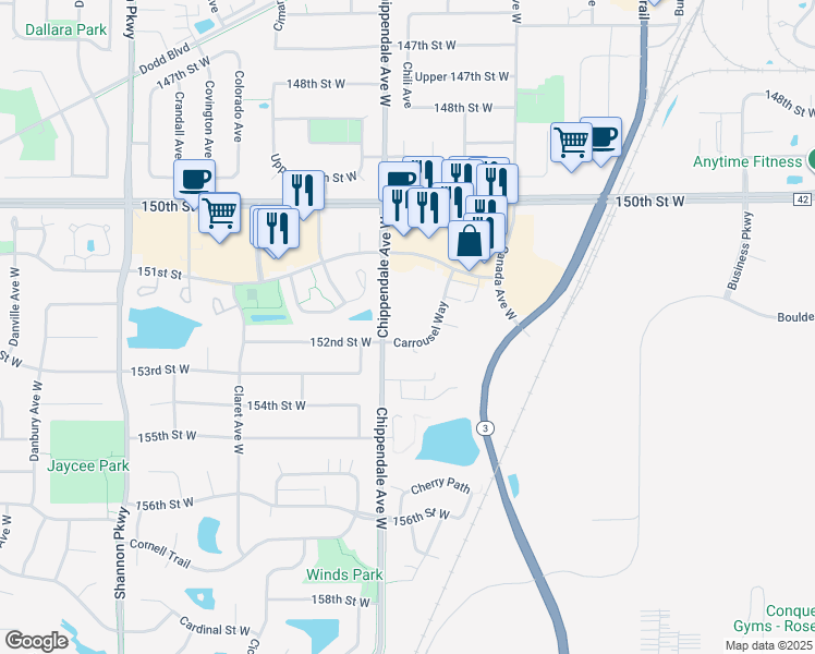map of restaurants, bars, coffee shops, grocery stores, and more near 15265 Carrousel Way in Rosemount