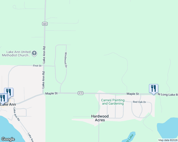 map of restaurants, bars, coffee shops, grocery stores, and more near 20340 Maple Street in Lake Ann