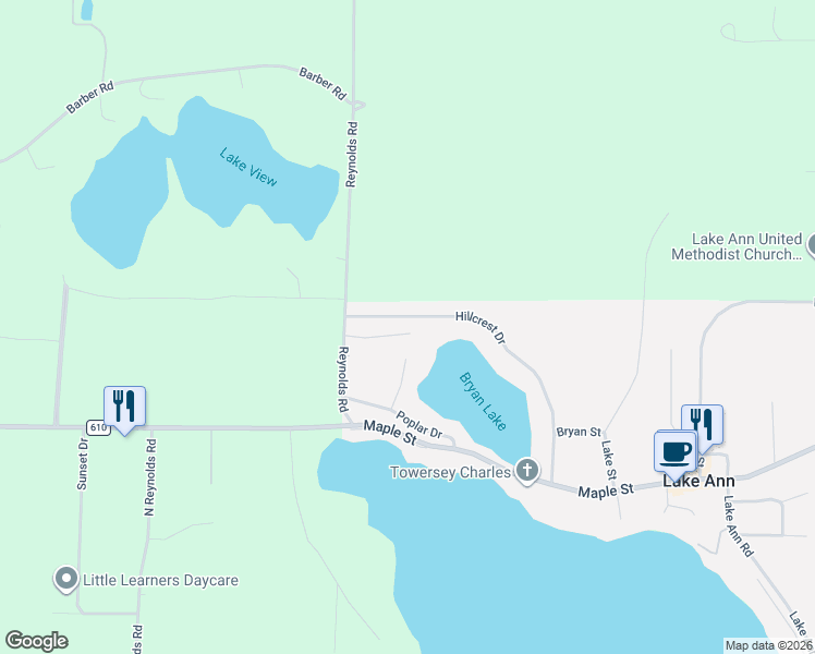 map of restaurants, bars, coffee shops, grocery stores, and more near 19451 Hillcrest Drive in Lake Ann