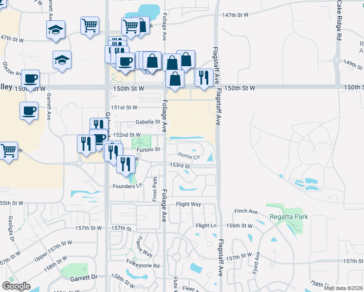 map of restaurants, bars, coffee shops, grocery stores, and more near 15259 Florist Circle in Apple Valley