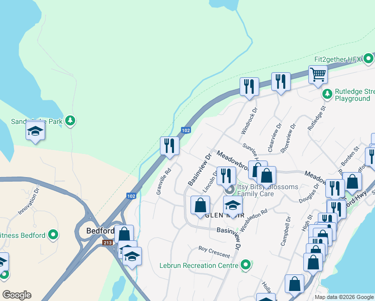 map of restaurants, bars, coffee shops, grocery stores, and more near 1 Monarch Drive in Bedford