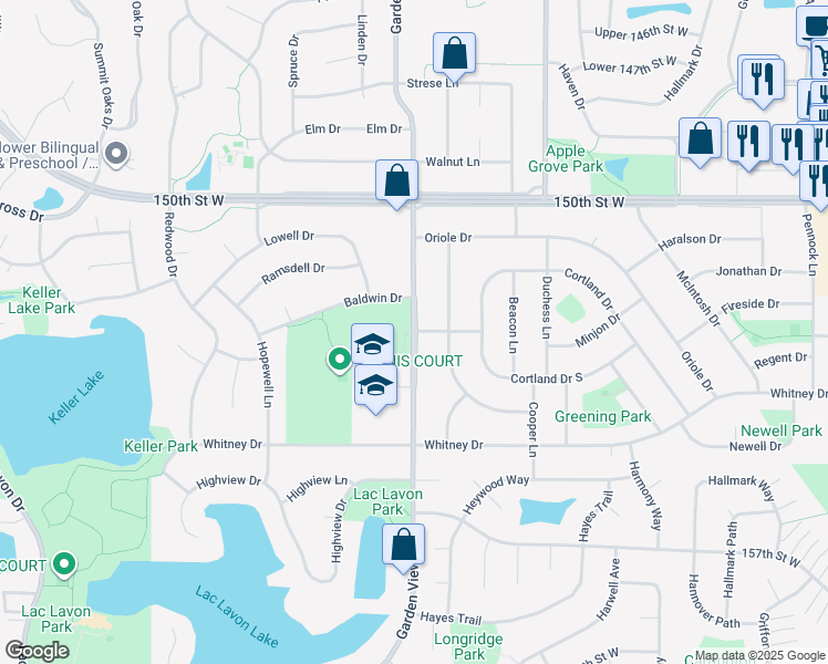 map of restaurants, bars, coffee shops, grocery stores, and more near 900 Garden View Drive in Apple Valley
