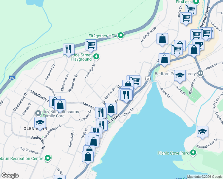map of restaurants, bars, coffee shops, grocery stores, and more near 22 Borden Street in Bedford