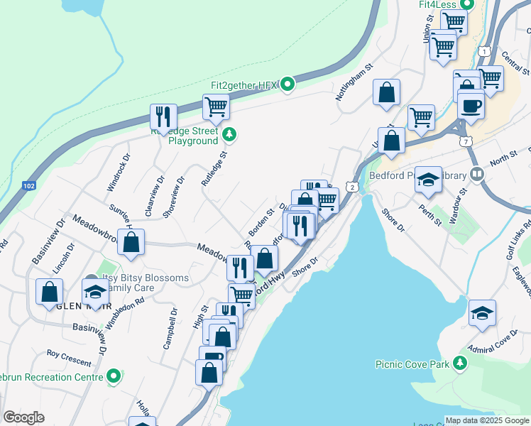 map of restaurants, bars, coffee shops, grocery stores, and more near 22 Borden Street in Bedford