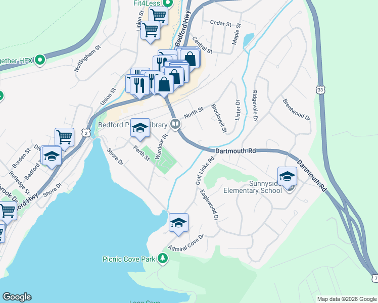 map of restaurants, bars, coffee shops, grocery stores, and more near 25 Dartmouth Road in Bedford