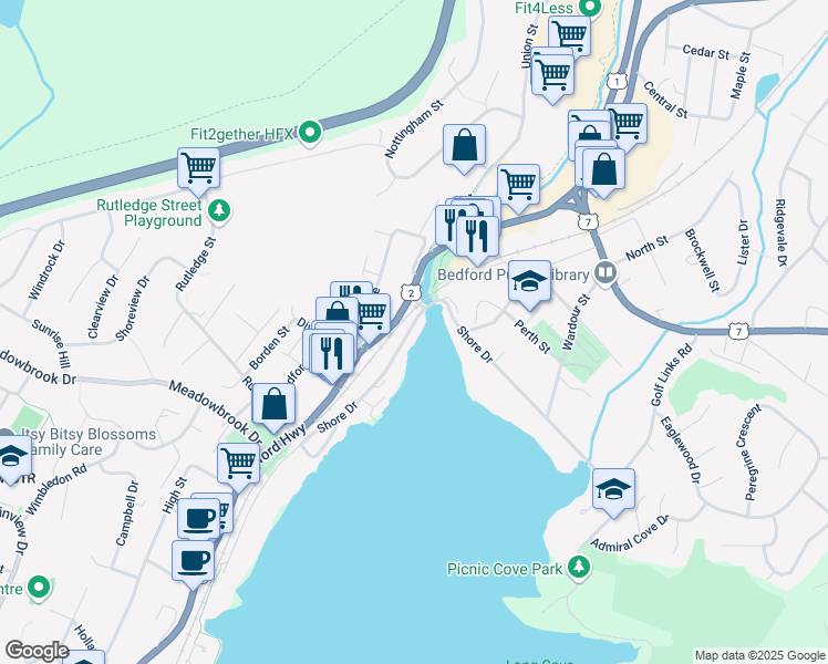 map of restaurants, bars, coffee shops, grocery stores, and more near 487 Shore Drive in Bedford