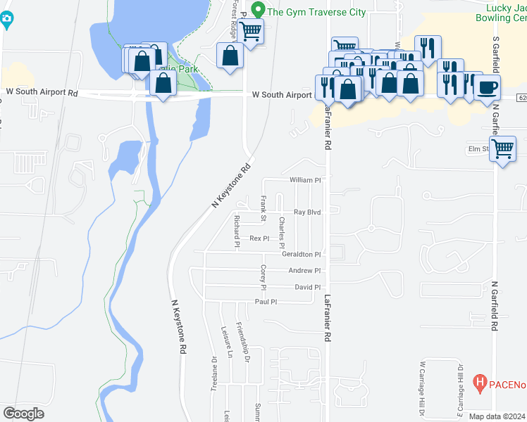 map of restaurants, bars, coffee shops, grocery stores, and more near 2800 Frank Street in Traverse City