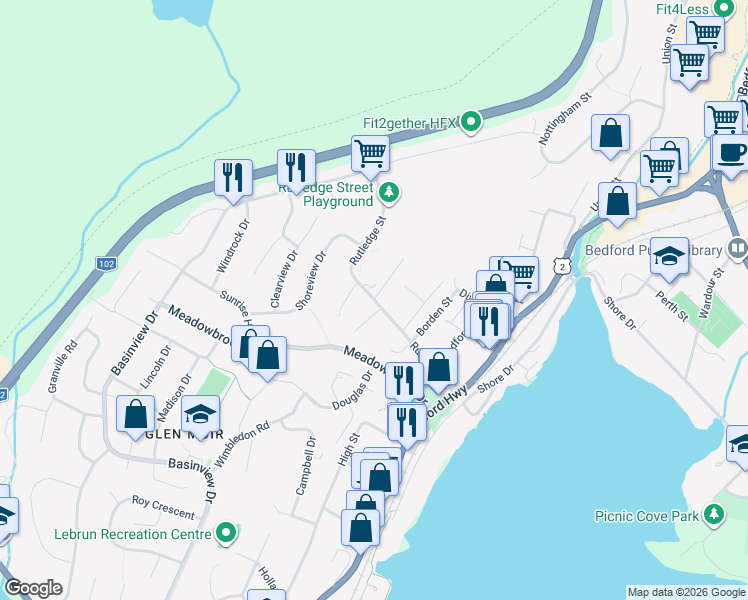 map of restaurants, bars, coffee shops, grocery stores, and more near 148 Rutledge St in Halifax County