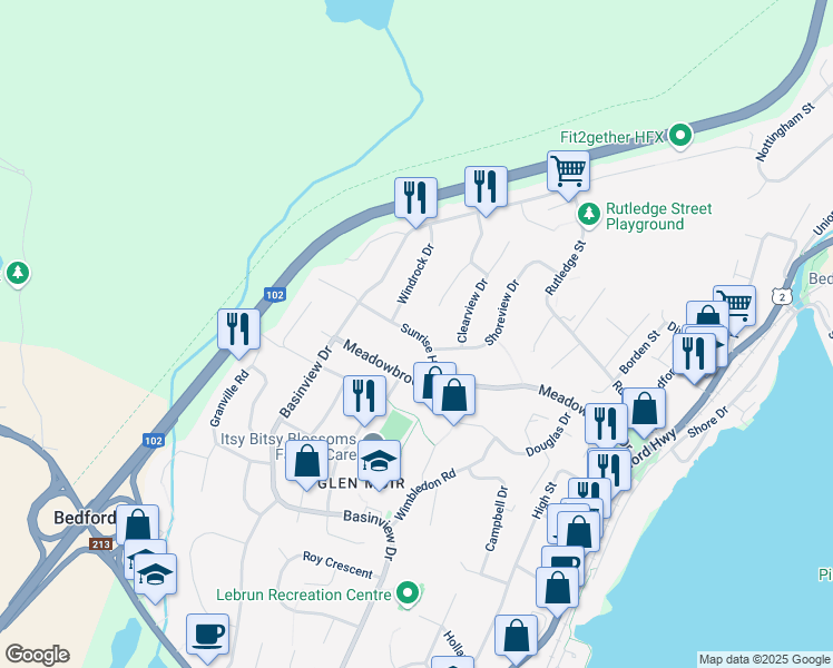 map of restaurants, bars, coffee shops, grocery stores, and more near Sunrise Hill in Bedford