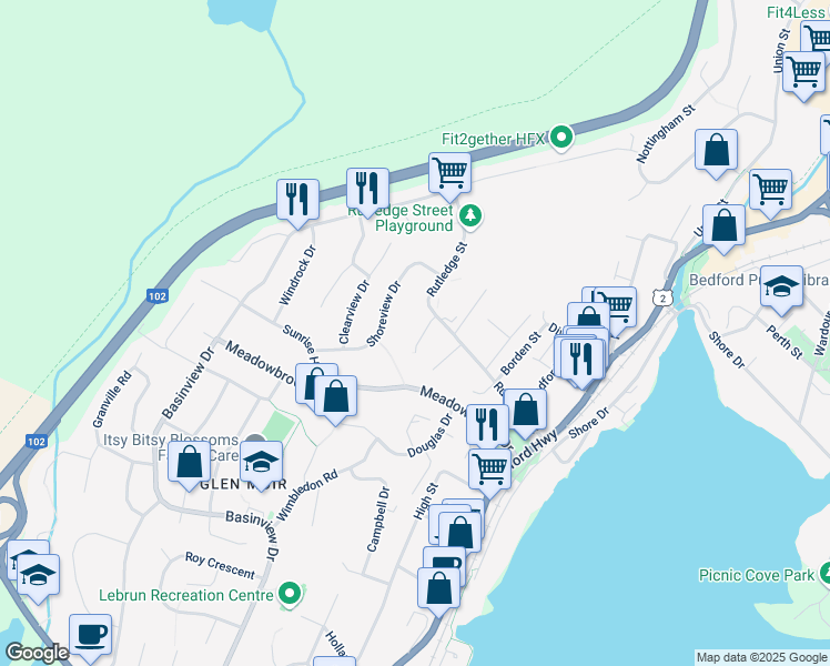 map of restaurants, bars, coffee shops, grocery stores, and more near 176 Rutledge Street in Bedford