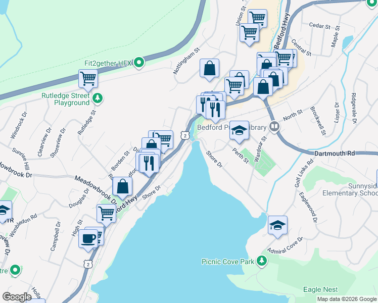map of restaurants, bars, coffee shops, grocery stores, and more near 495 Shore Drive in Bedford
