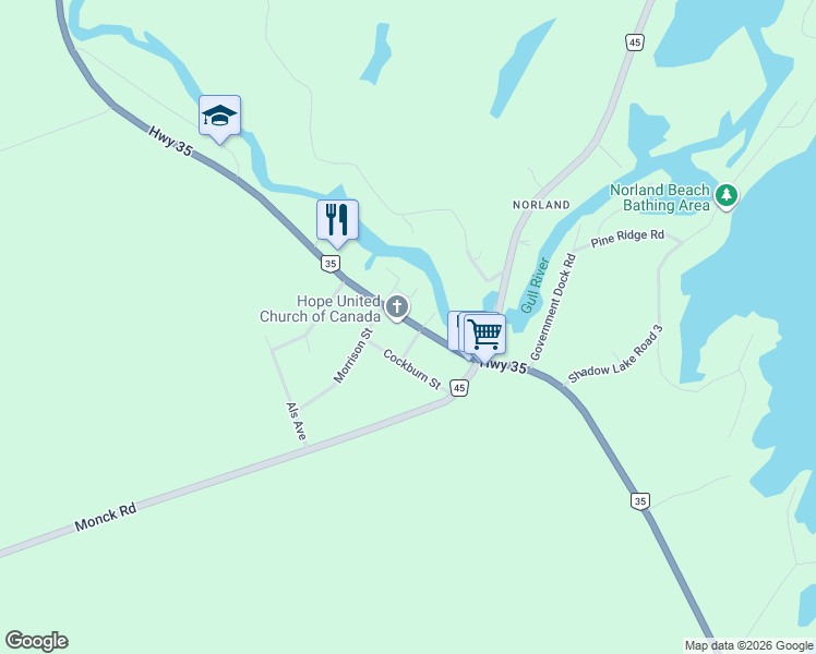 map of restaurants, bars, coffee shops, grocery stores, and more near 7515 Ontario 35 in Kawartha Lakes