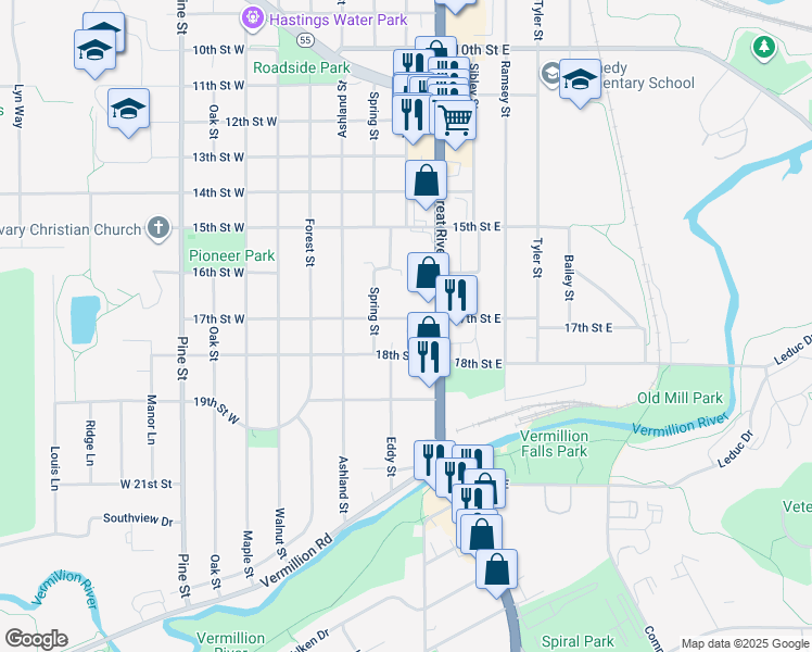 map of restaurants, bars, coffee shops, grocery stores, and more near 211 17th Street West in Hastings