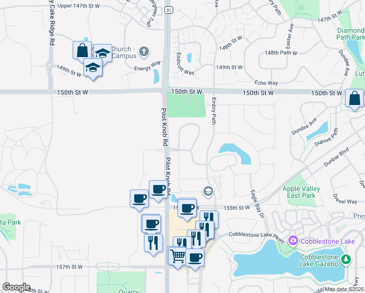 map of restaurants, bars, coffee shops, grocery stores, and more near 15192 Emory Circle in Apple Valley