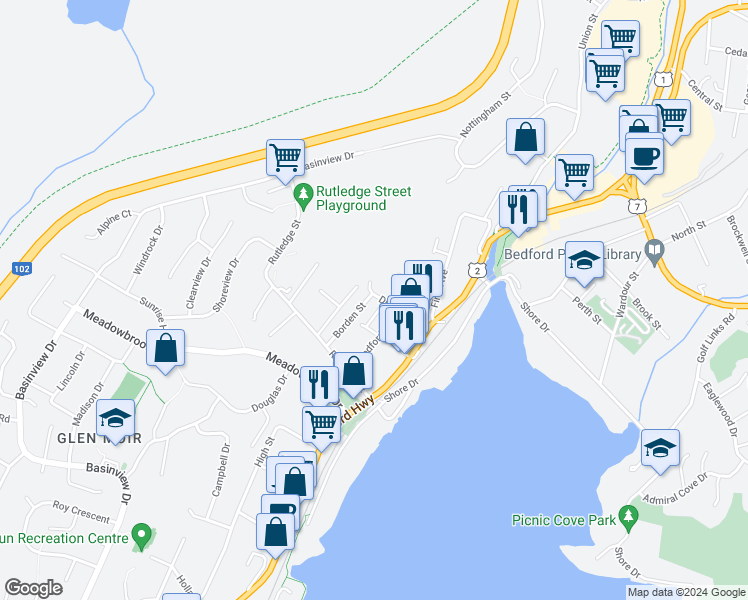 map of restaurants, bars, coffee shops, grocery stores, and more near 26 Division Street in Bedford