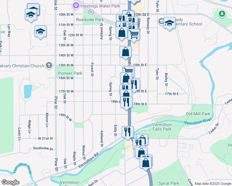 map of restaurants, bars, coffee shops, grocery stores, and more near 211 17th Street West in Hastings