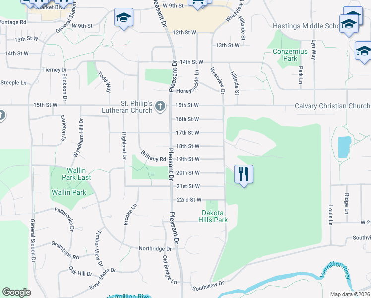 map of restaurants, bars, coffee shops, grocery stores, and more near 1343 18th Street West in Hastings