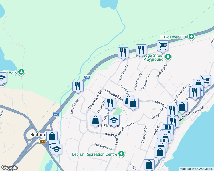map of restaurants, bars, coffee shops, grocery stores, and more near 573 Basinview Drive in Bedford