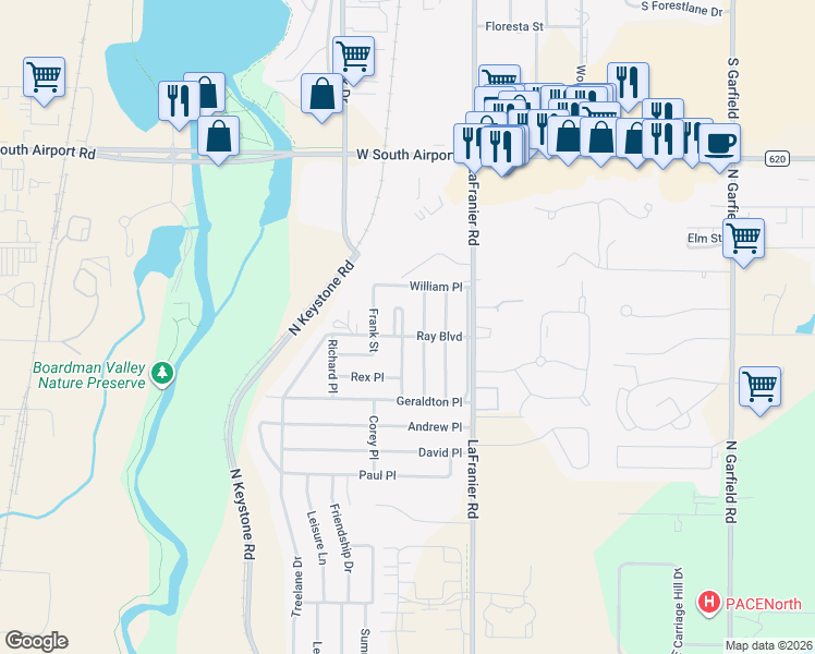 map of restaurants, bars, coffee shops, grocery stores, and more near 2801 North Michael Place in Traverse City