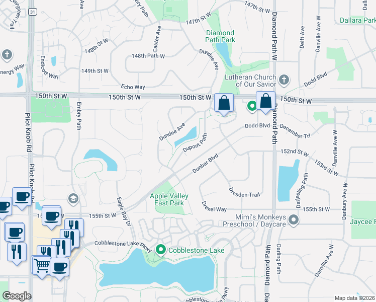 map of restaurants, bars, coffee shops, grocery stores, and more near 15236 Dupont Path in Apple Valley