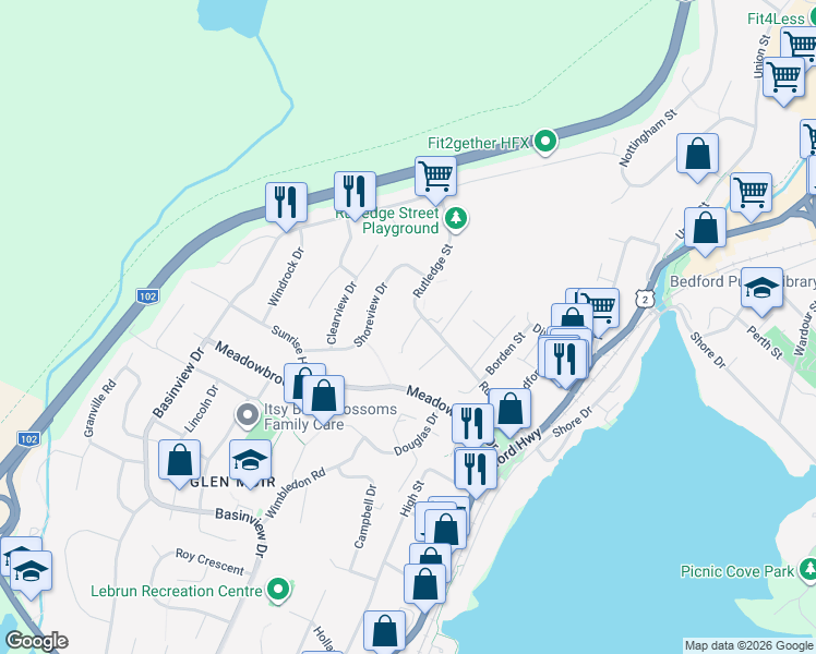 map of restaurants, bars, coffee shops, grocery stores, and more near 178 Rutledge Street in Bedford
