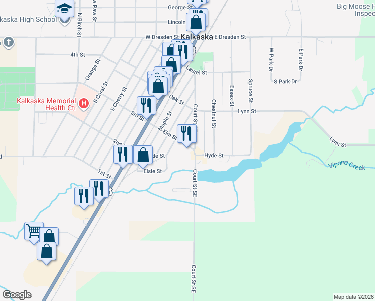 map of restaurants, bars, coffee shops, grocery stores, and more near 307 Elm Street in Kalkaska